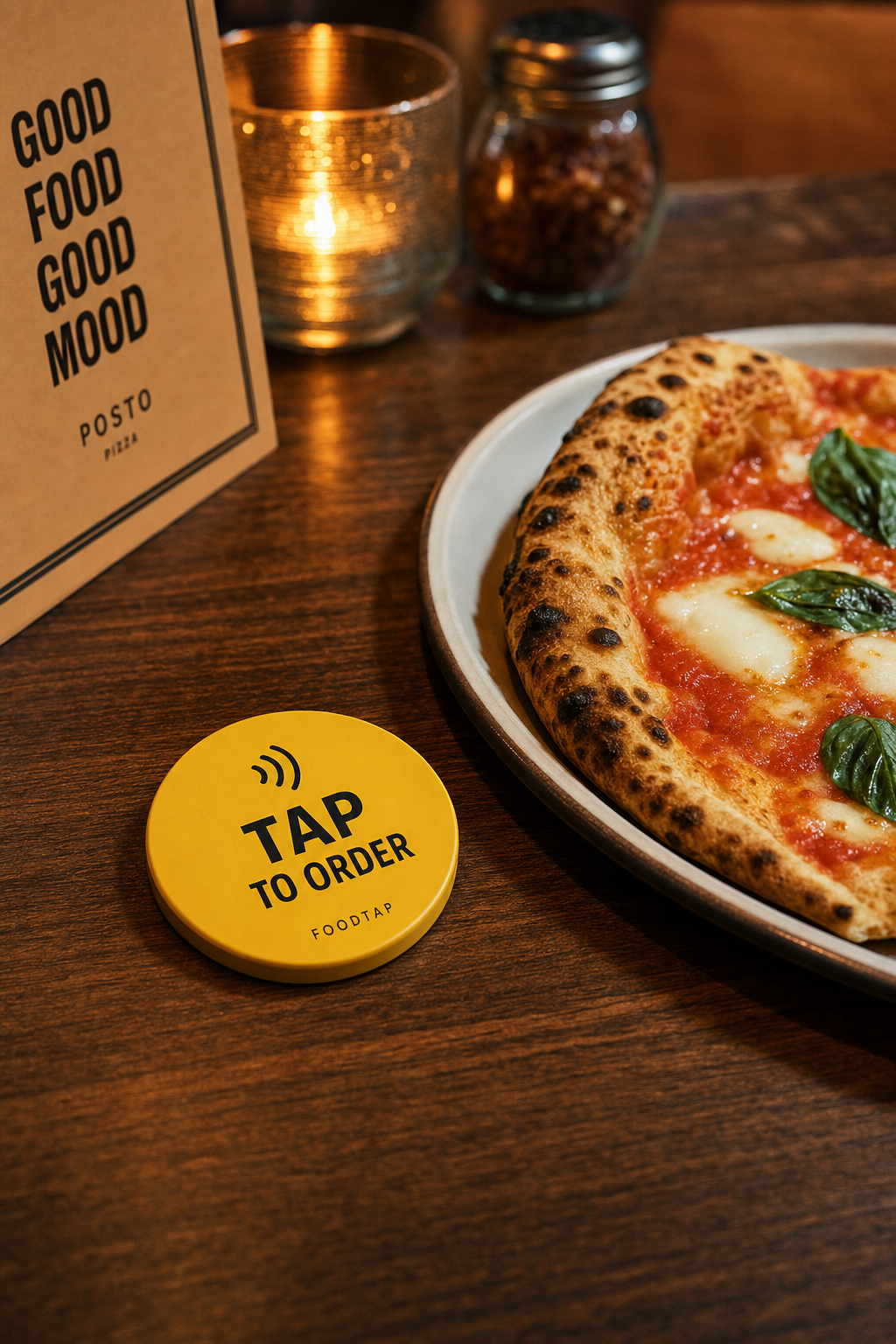 A yellow NFC TAP TO ORDER card on a restaurant table next to pizza
