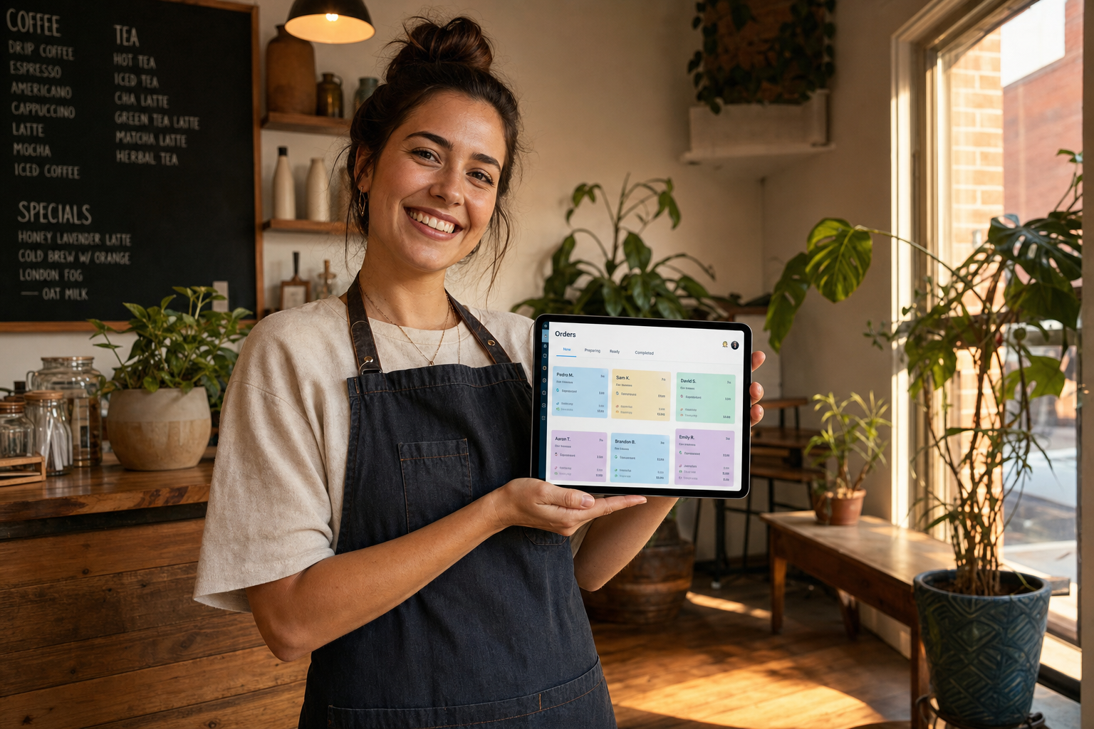 A happy restaurant owner holding a tablet showing an orders dashboard