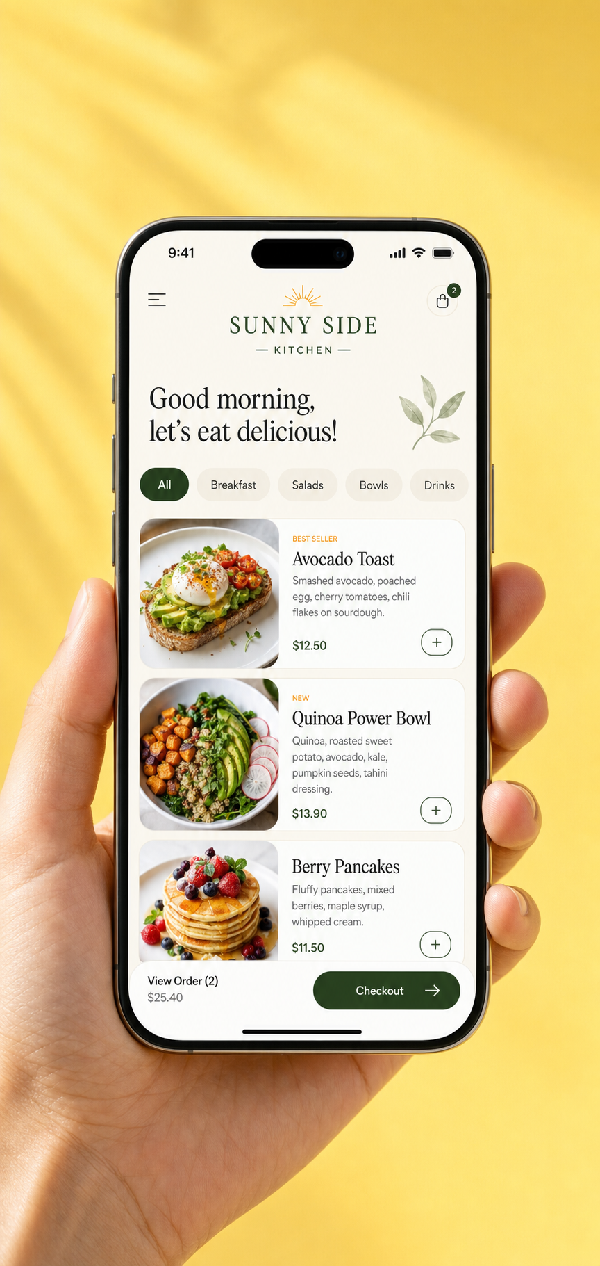 Phone showing a beautiful restaurant menu app