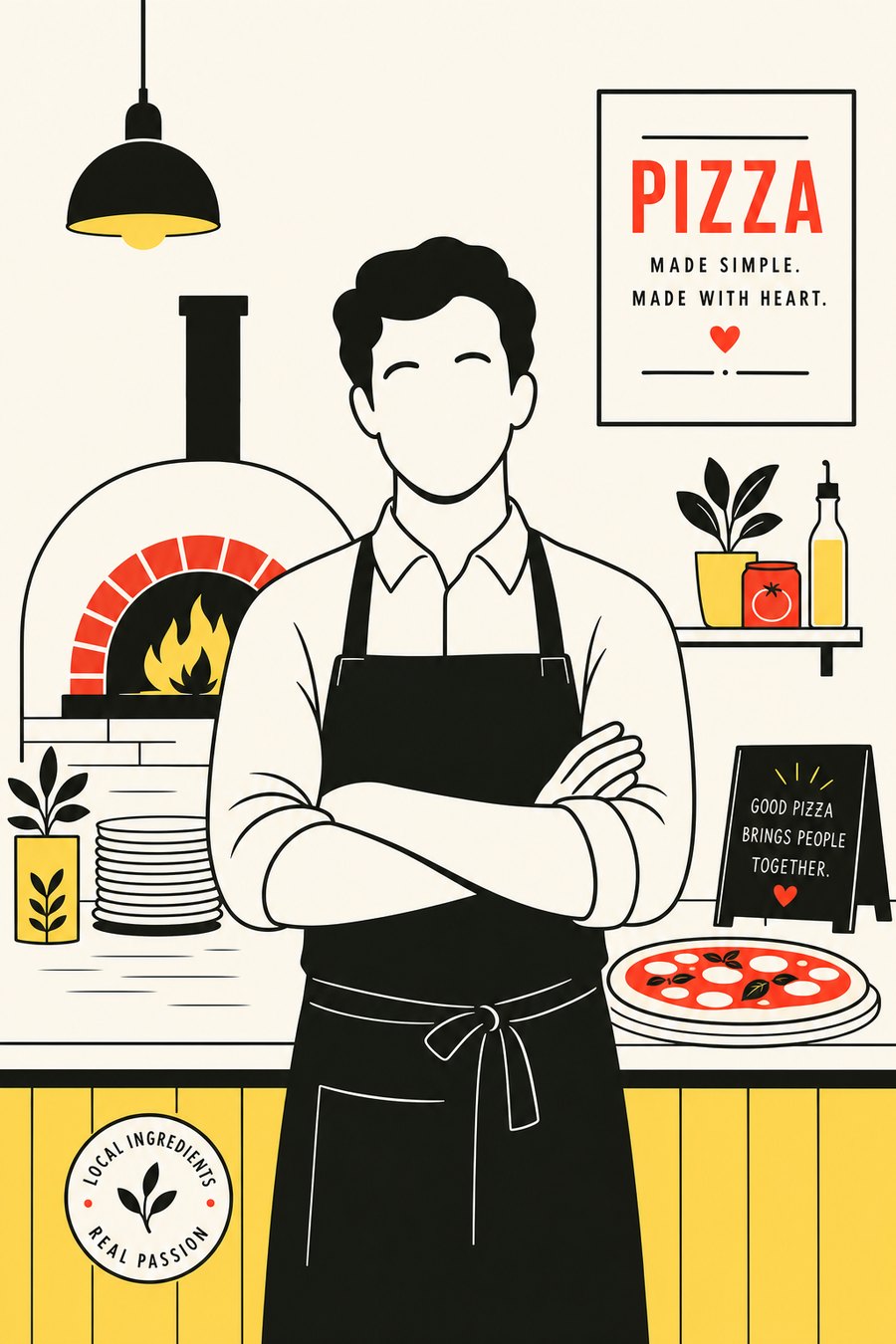 Illustration of a pizzeria owner in an apron, arms crossed, in front of a wood-fired oven