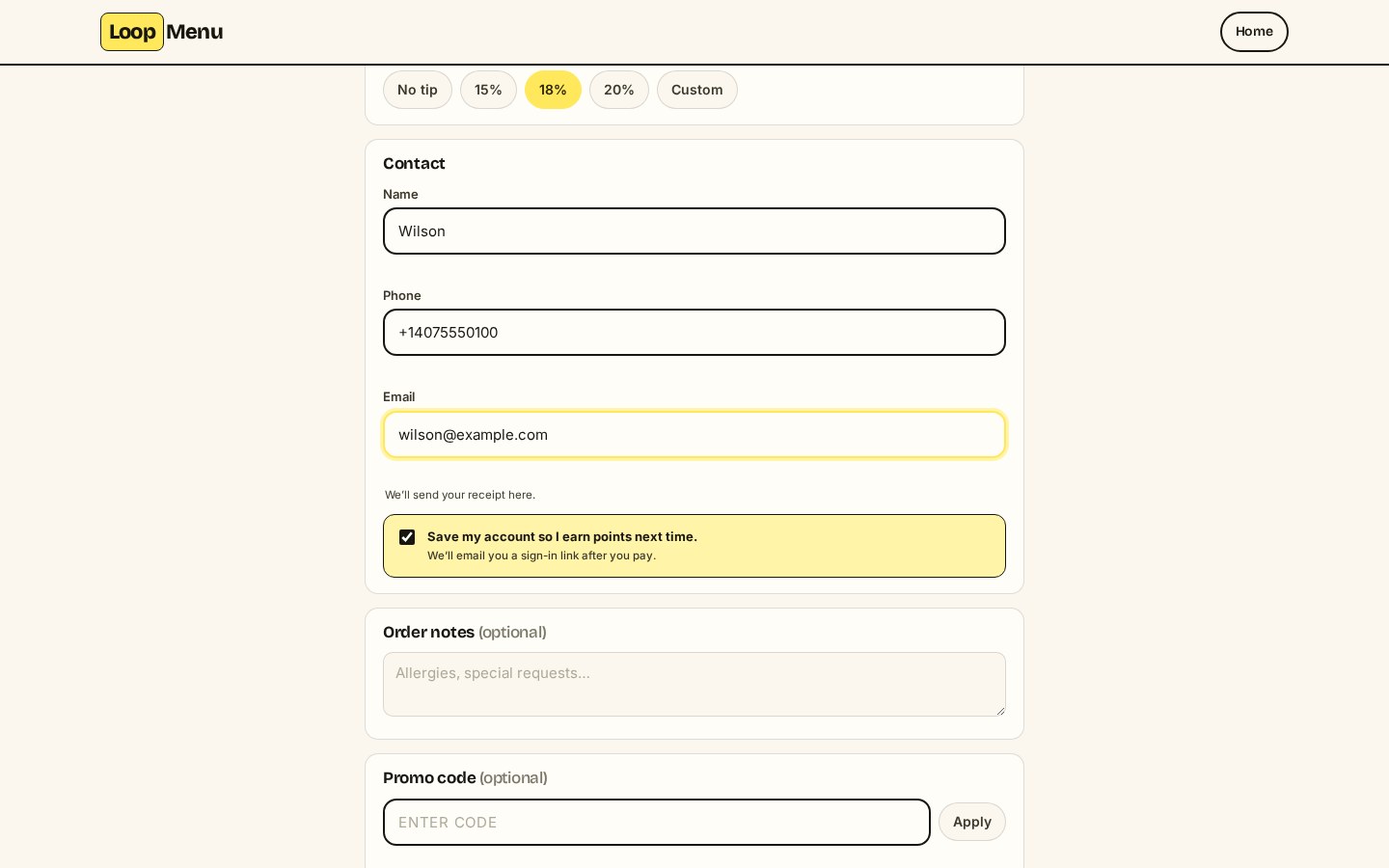LoopMenu guest checkout screen showing the phone-number field with the SMS disclosure directly below it and an unchecked Send me deals and offers by text checkbox